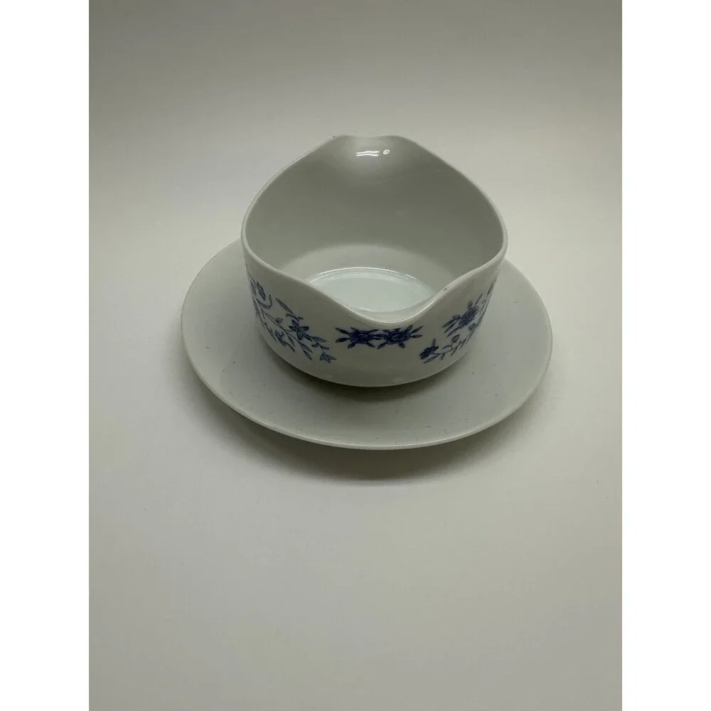 Vintage Elite Creation Blue Brocade Gravy Boat Attached Underplate Japan